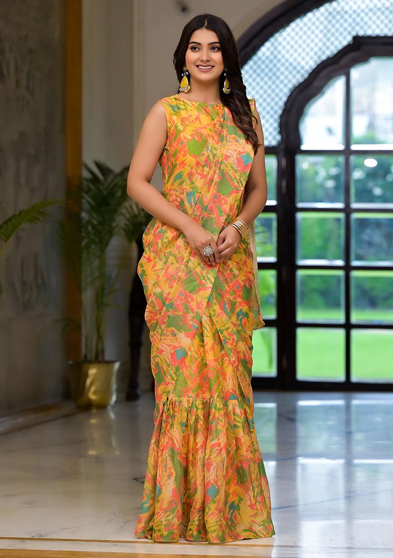 Yellow Printed Georgette Gown With Dupatta