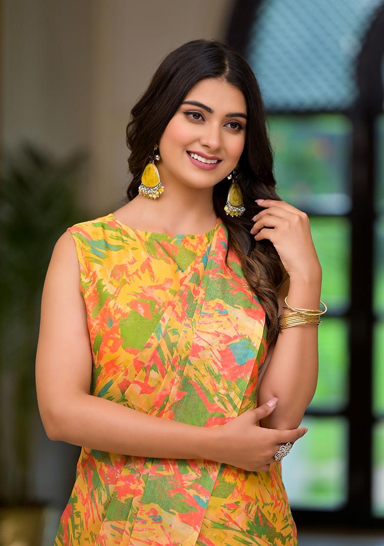 Yellow Printed Georgette Gown With Dupatta