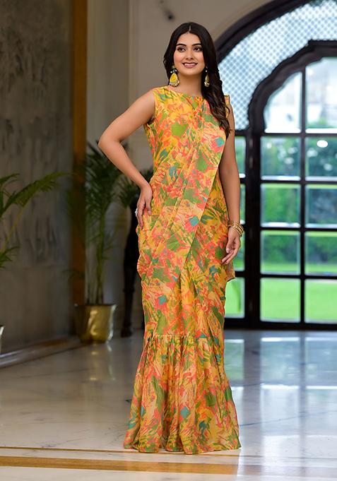 Yellow Printed Georgette Gown With Dupatta