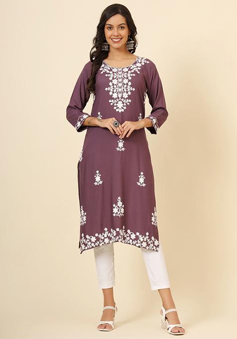 Mauve Embroidered Rayon Kurta