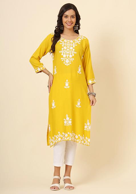 Yellow Embroidered Rayon Kurta