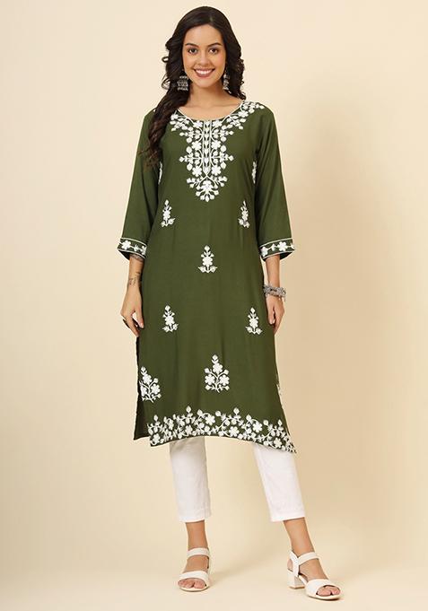 Green Embroidered Rayon Kurta