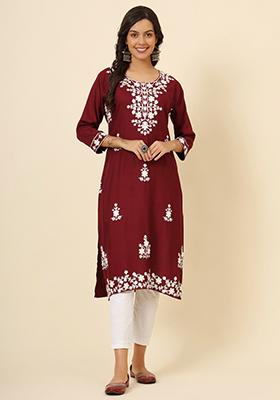 Maroon Embroidered Rayon Kurta