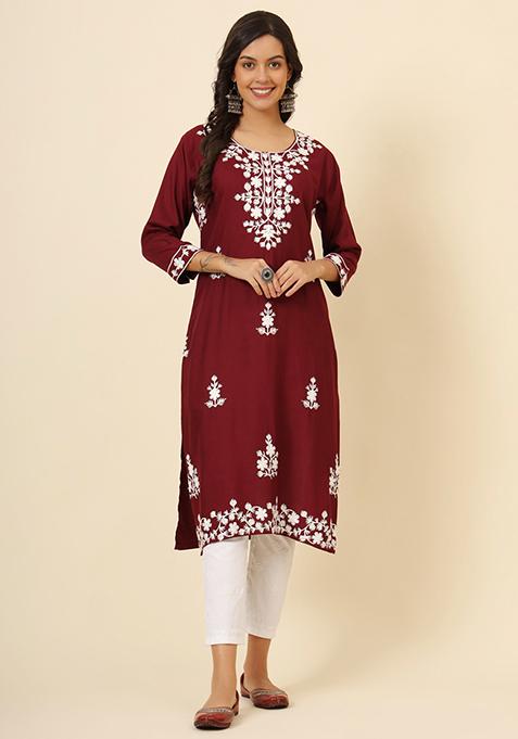 Maroon Embroidered Rayon Kurta