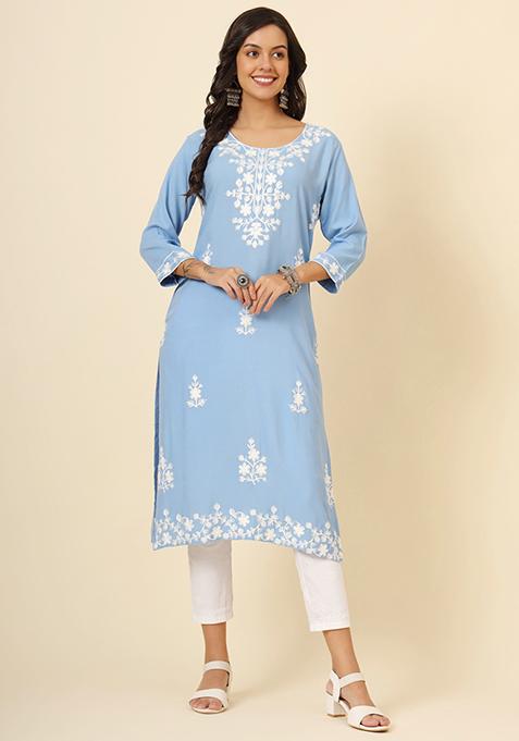 Sky Blue Embroidered Rayon Kurta