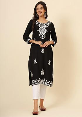 Black Embroidered Rayon Kurta