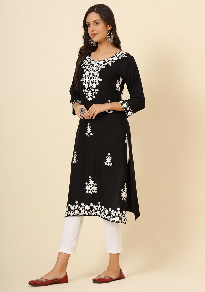 Black Embroidered Rayon Kurta