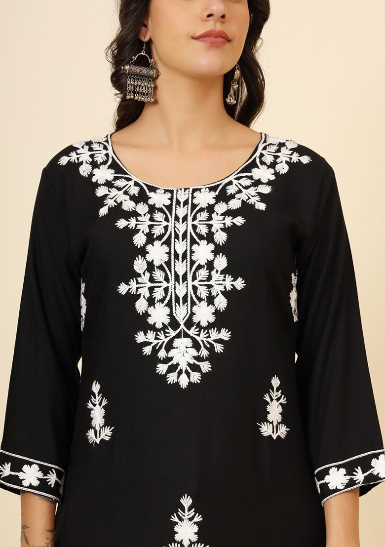 Black Embroidered Rayon Kurta