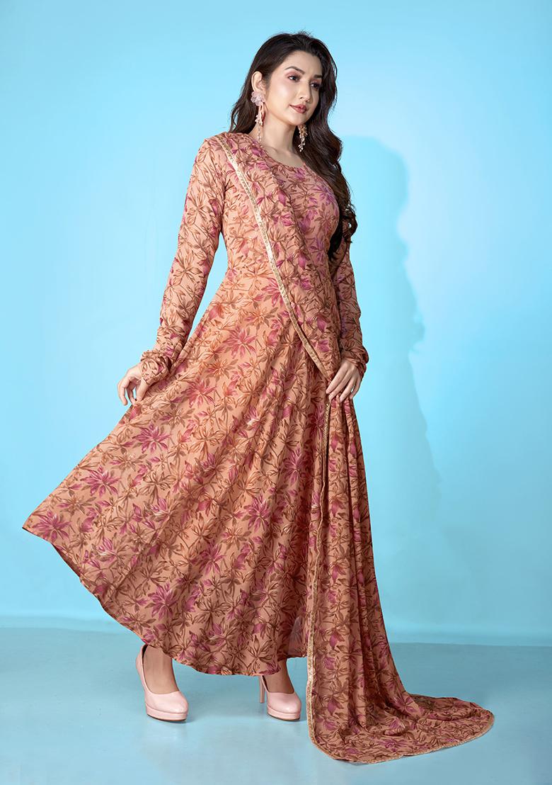 Brown Printed Georgette Gown With Dupatta