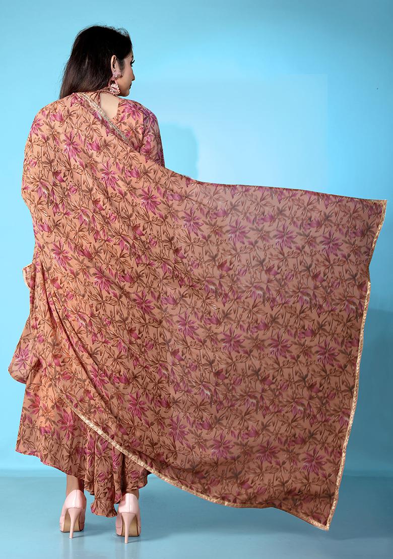 Brown Printed Georgette Gown With Dupatta