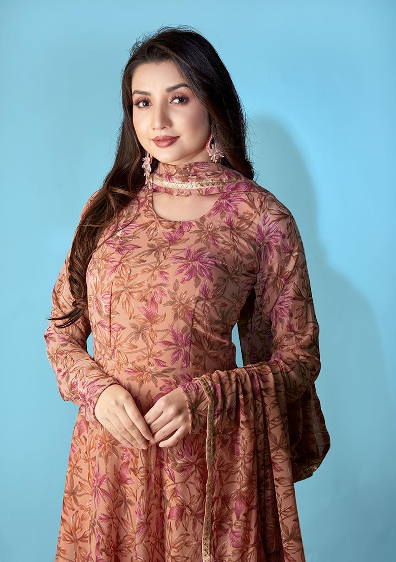Brown Printed Georgette Gown With Dupatta