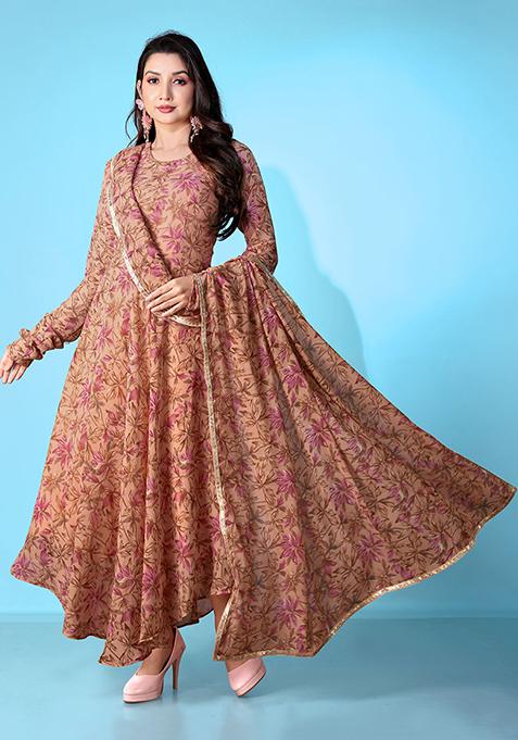 Brown Printed Georgette Gown With Dupatta