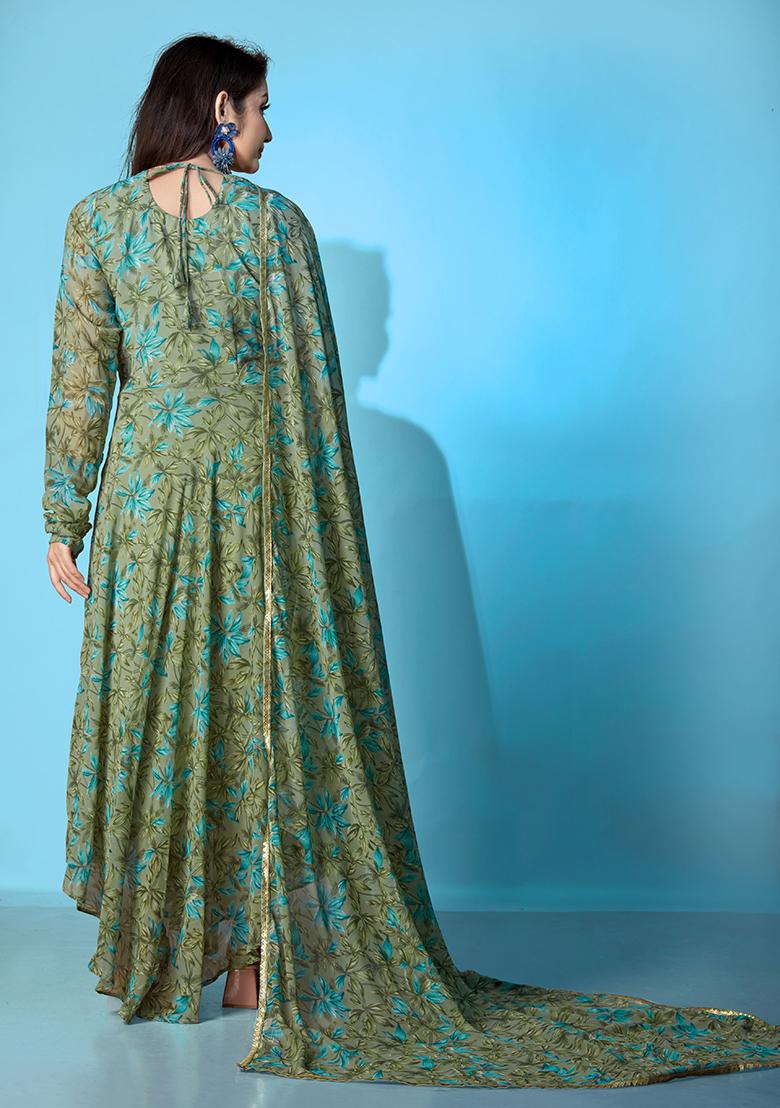 Green Printed Georgette Gown With Dupatta
