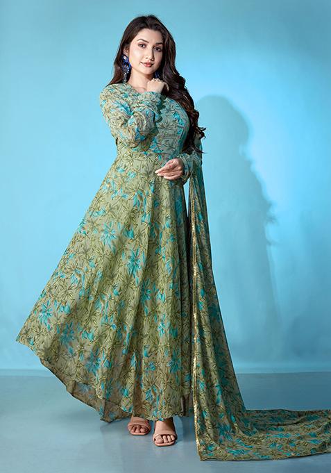 Green Printed Georgette Gown With Dupatta