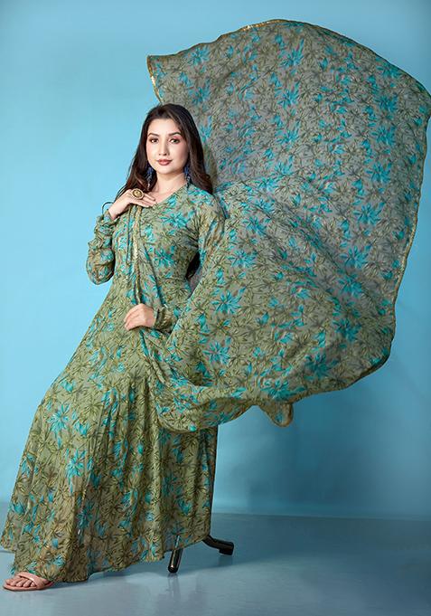 Green Printed Georgette Gown With Dupatta