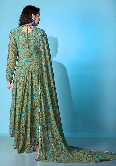 Green Printed Georgette Gown With Dupatta