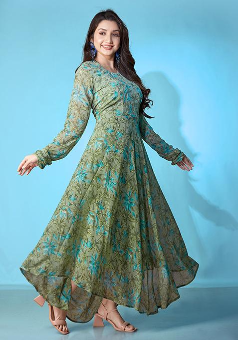 Green Printed Georgette Gown With Dupatta