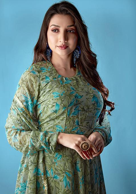 Green Printed Georgette Gown With Dupatta