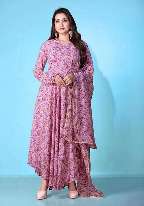 Purple Printed Georgette Gown With Dupatta