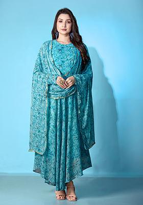 Blue Printed Georgette Gown With Dupatta