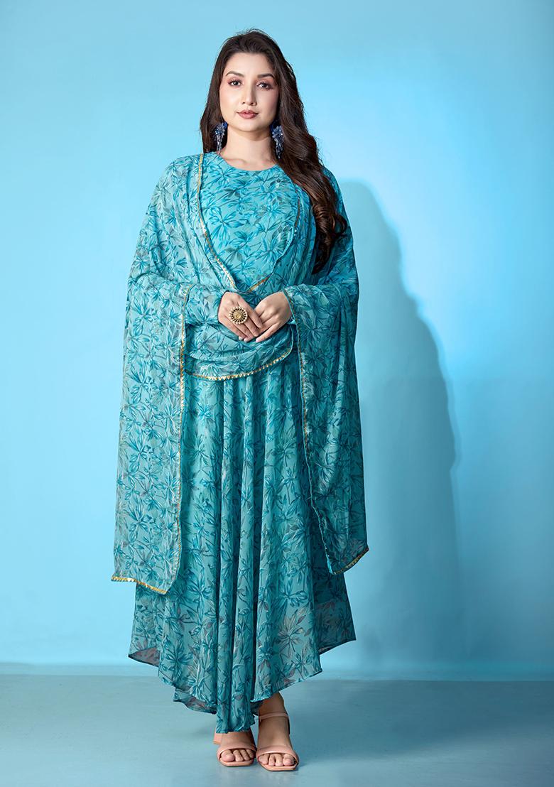 Blue Printed Georgette Gown With Dupatta