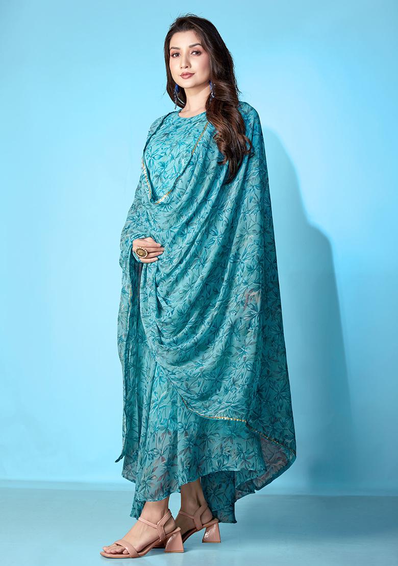 Blue Printed Georgette Gown With Dupatta