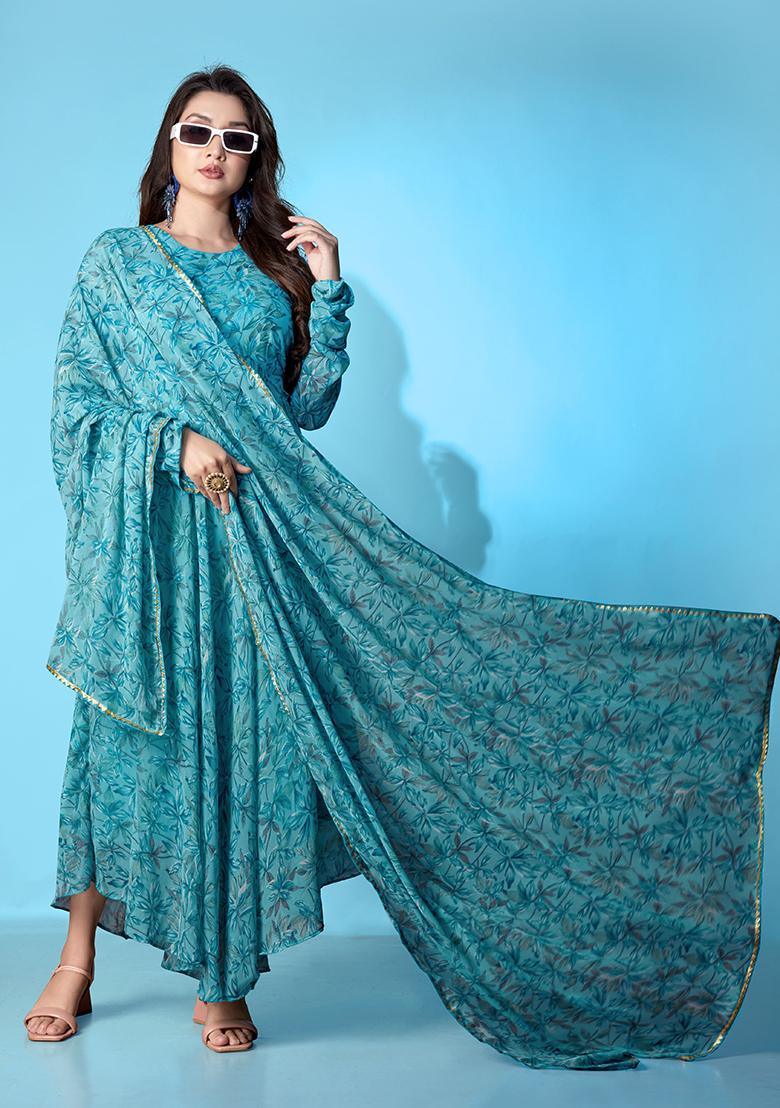 Blue Printed Georgette Gown With Dupatta