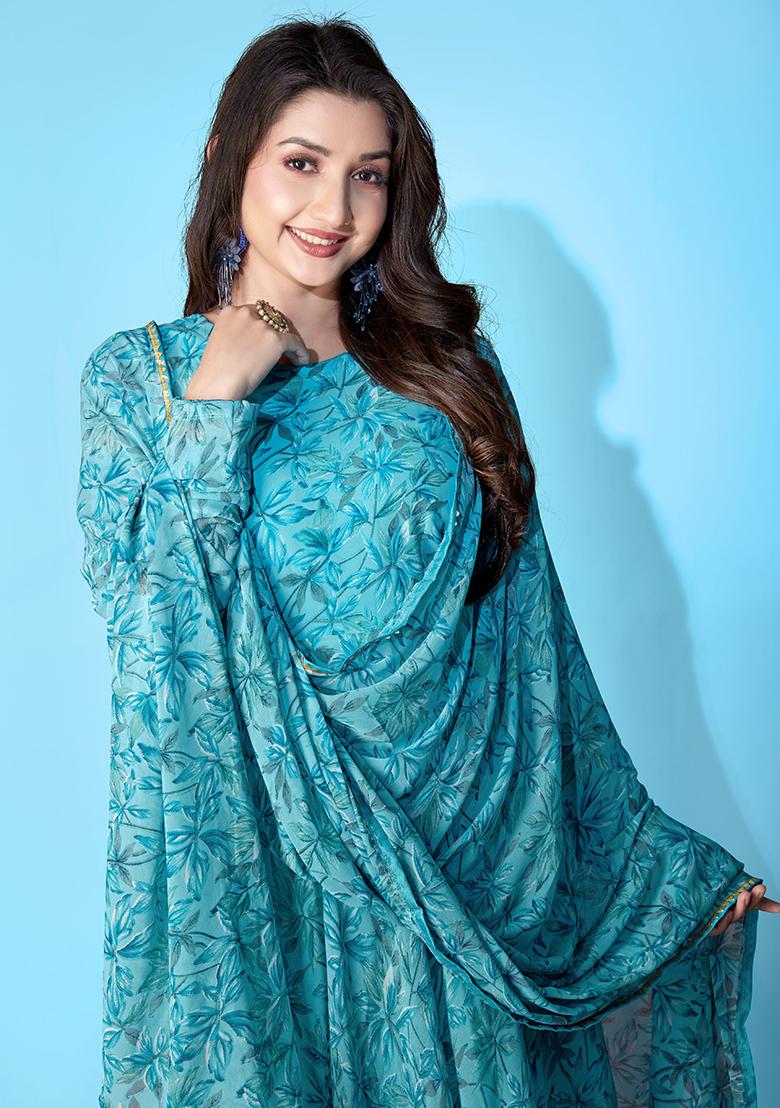 Blue Printed Georgette Gown With Dupatta