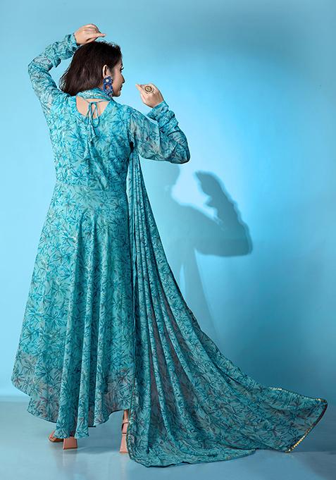 Blue Printed Georgette Gown With Dupatta