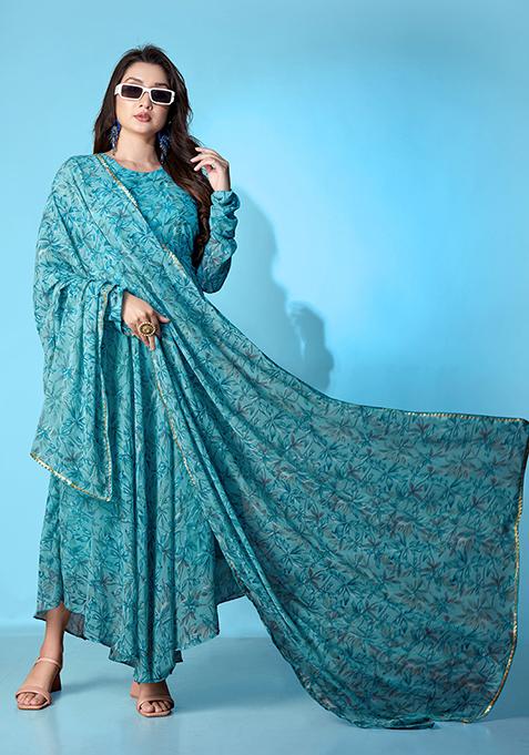 Blue Printed Georgette Gown With Dupatta