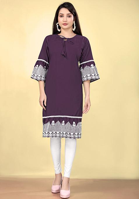 Purple Embroidered Cotton Kurta