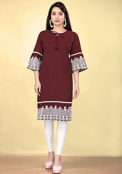 Wine Embroidered Cotton Kurta