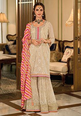 Beige Sequin Embroidered Georgette Kurta Set