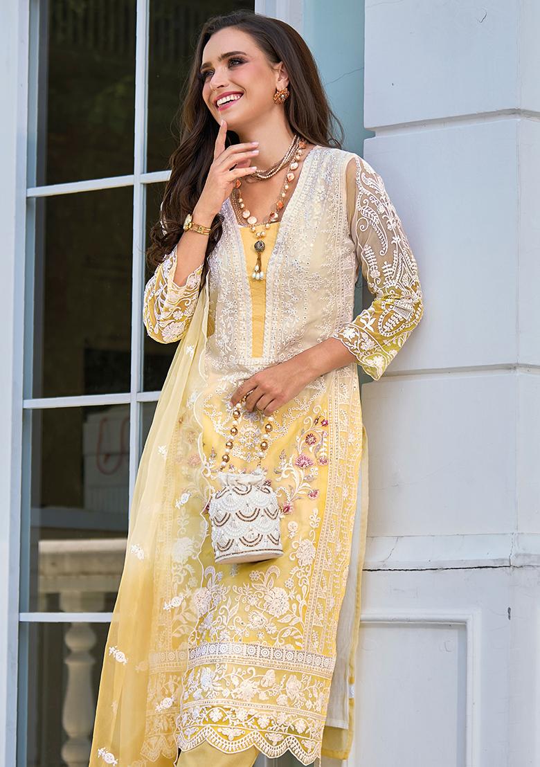 Yellow Sequin Embroidered Organza Kurta Set