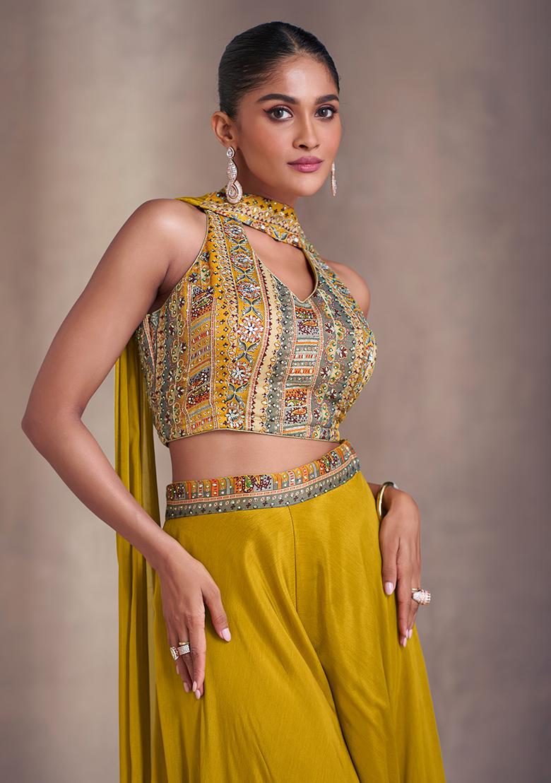 Mustard Sequin Embroidered Chinon Sharara Set - Indya