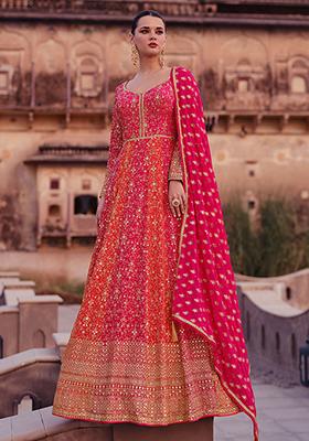 Pink And Orange Sequin Embroidered Georgette Kurta With Dupatta