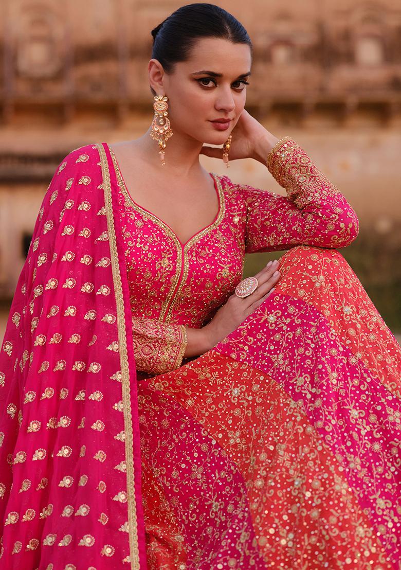 Pink And Orange Sequin Embroidered Georgette Kurta With Dupatta
