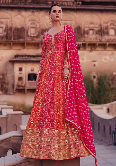 Pink And Orange Sequin Embroidered Georgette Kurta With Dupatta