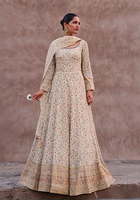 White Sequin Embroidered Georgette Kurta With Dupatta