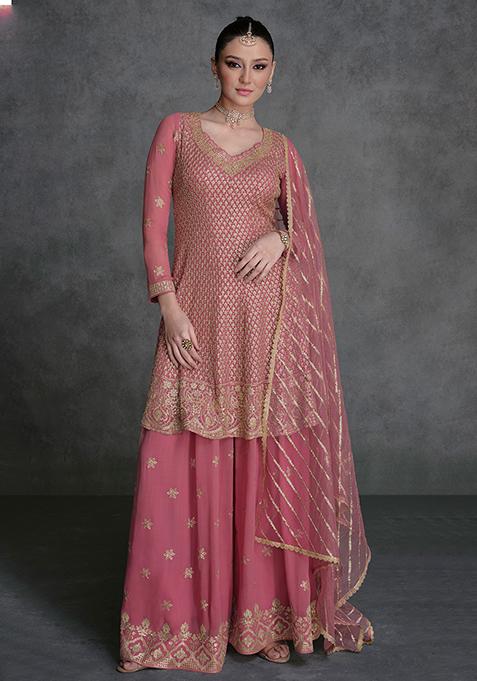 Pink Sequin Embroidered Georgette Kurta Set