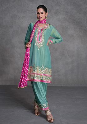 Pista Green Sequin Embroidered Organza Silk Kurta Set