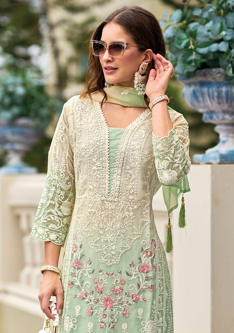 Pista Green Sequin Embroidered Organza Kurta Set