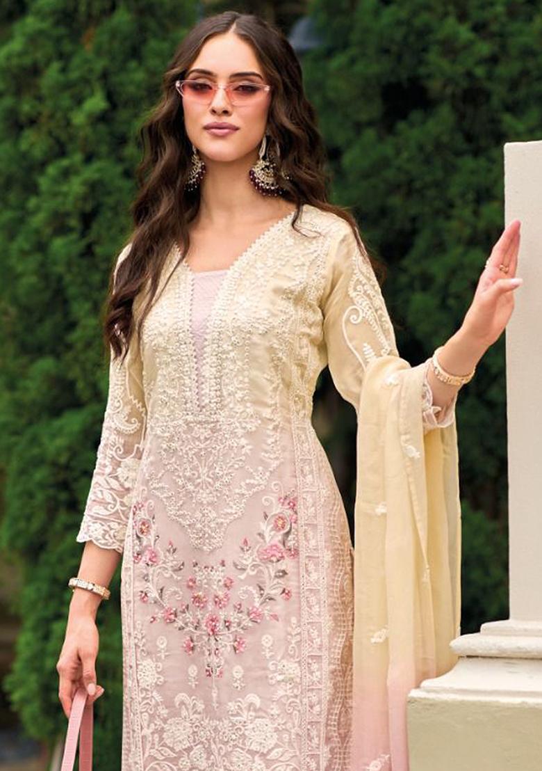 Peach Sequin Embroidered Organza Kurta Set