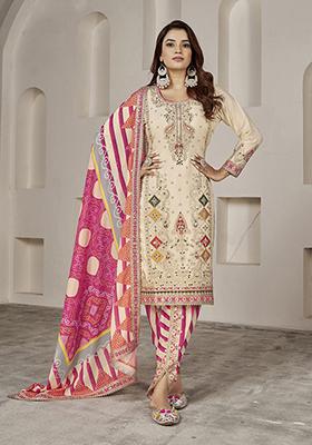 Cream Sequin Embroidered Chinon Kurta Set