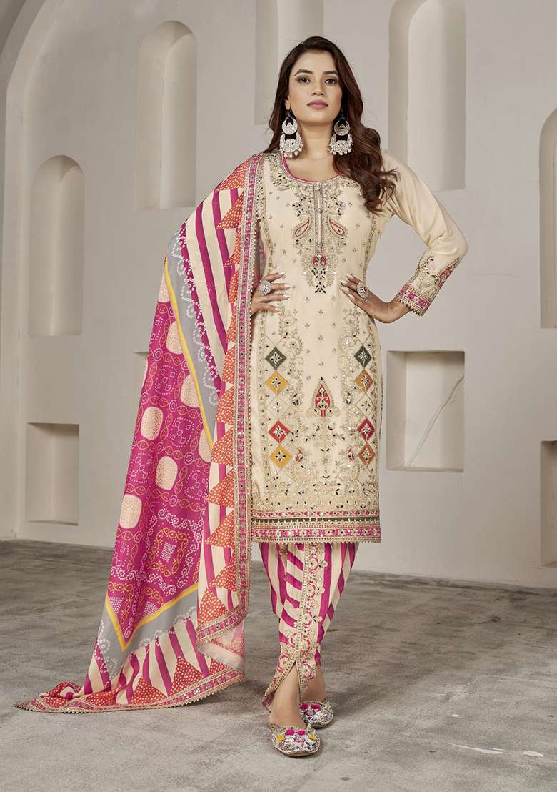 Cream Embroidered Chinon Punjabi Suit - Indya