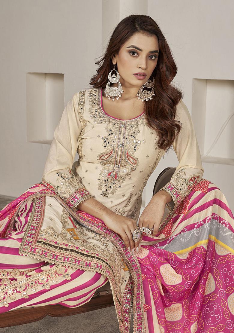 Cream Sequin Embroidered Chinon Kurta Set