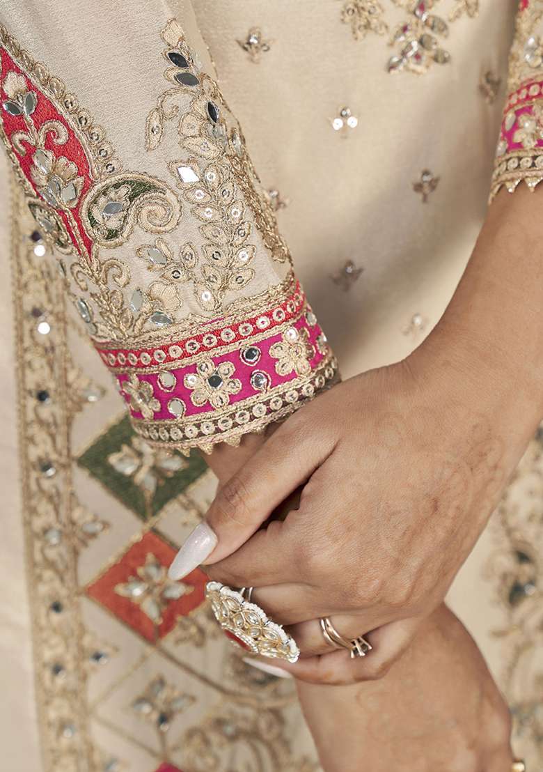 Cream Embroidered Chinon Punjabi Suit - Indya