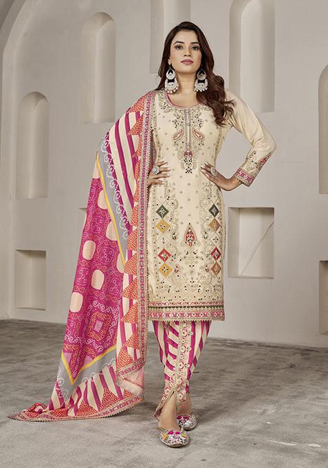 Cream Embroidered Chinon Punjabi Suit