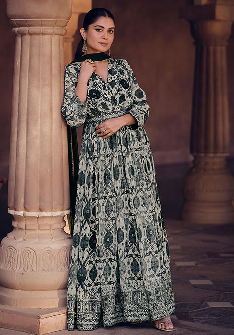 Black And White Sequin Embroidered Georgette Kurta With Dupatta