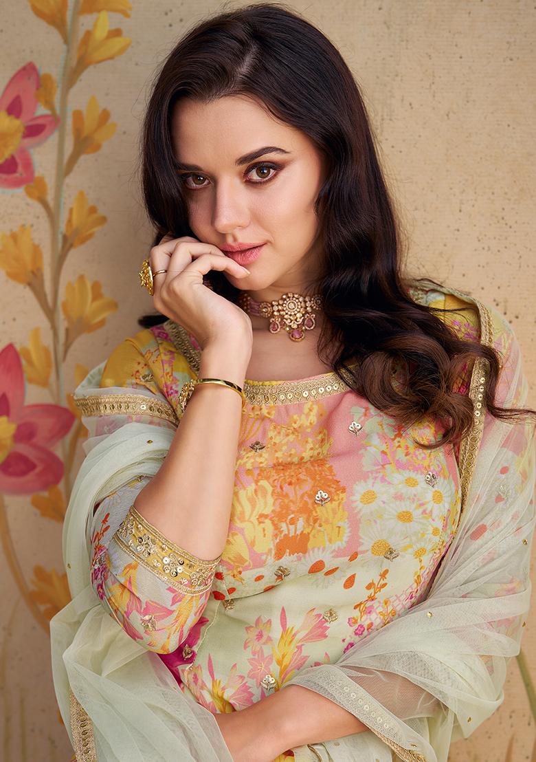 White Sequin Embroidered Chinon Silk Palazzo Set